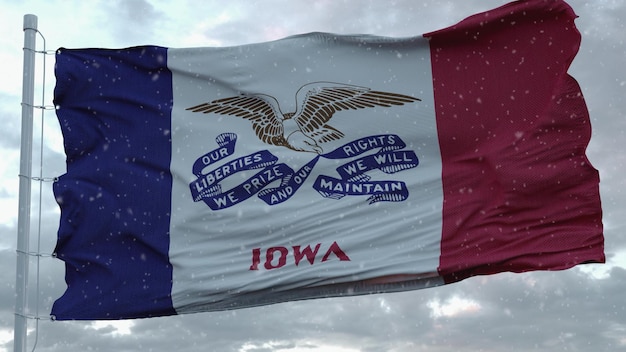 Bandera de invierno de Iowa con fondo de copos de nieve Representación 3d de los Estados Unidos de América