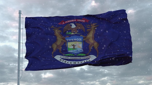 Bandera de invierno de Michigan con fondo de copos de nieve Representación 3d de los Estados Unidos de América