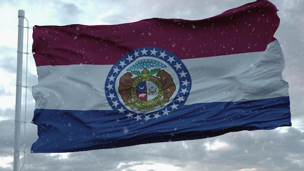 Bandera de invierno de Missouri con fondo de copos de nieve Representación 3d de los Estados Unidos de América