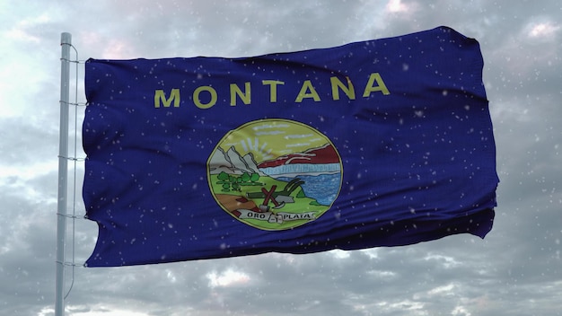 Bandera de invierno de Montana con fondo de copos de nieve Ilustración 3d de Estados Unidos de América