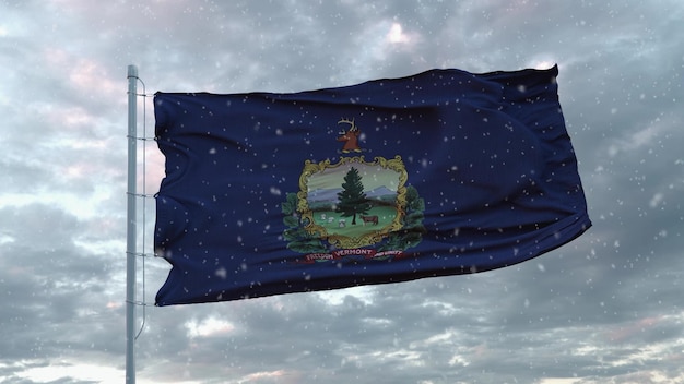 Bandera de invierno de Vermont con fondo de copos de nieve Representación 3d de los Estados Unidos de América