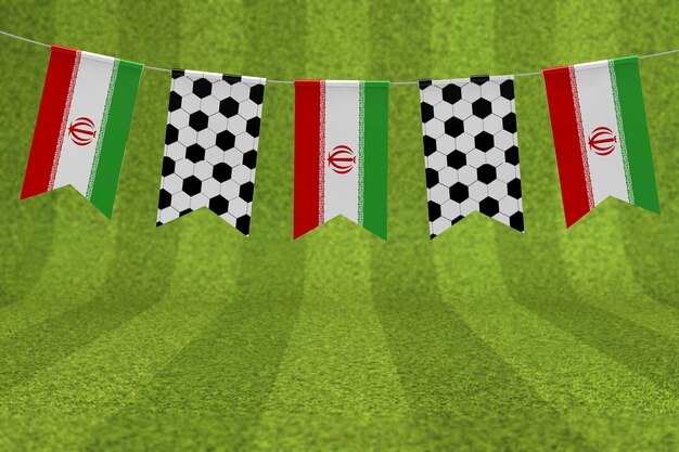 Bandera de Irán y bandera de fútbol de textura de balón de fútbol Bunting 3D Rendering