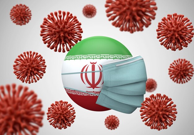 Bandera de irán con mascarilla protectora coronavirus concepto d render