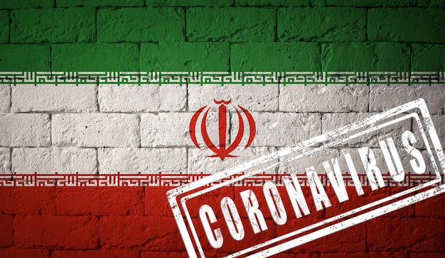 Bandera del Irán con proporciones originales. estampado de Coronavirus. textura de la pared de ladrillo. Concepto de virus corona. Al borde de una pandemia COVID-19 o 2019-nCoV.