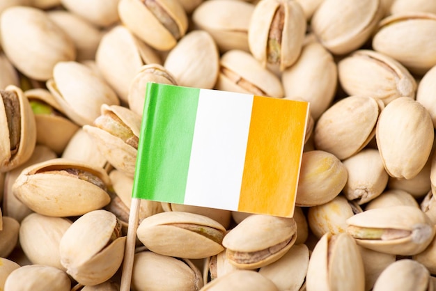 Bandera de Irlanda sobre pistachos Cultivo de pistachos en el concepto de origen de Irlanda