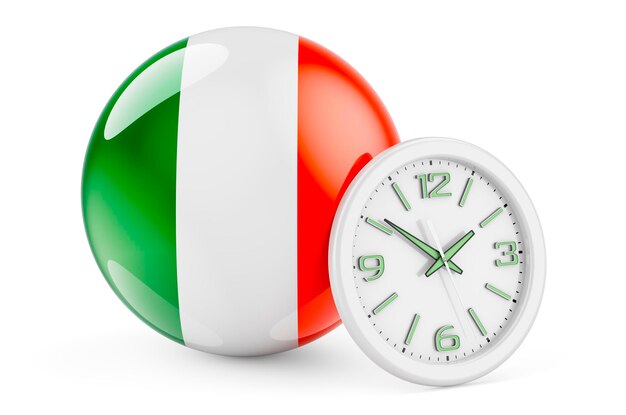 Bandera irlandesa con reloj Hora en Irlanda representación 3D aislada sobre fondo blanco