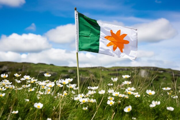 Foto la bandera irlandesa soplando en el viento sobre un campo de flores silvestres en flor