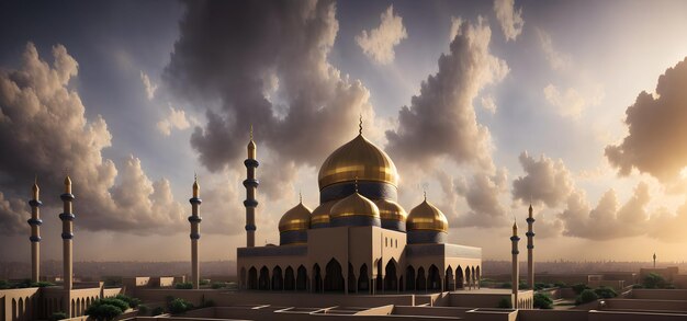 Bandera islámica de la Mezquita Masjid para Ramadán Eid Mubarak Saludos Ramzaan Ilustración IA generativa