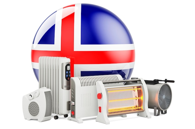 Foto bandera islandesa con dispositivos de calefacción fabricación, comercio y servicio de calefactores de ventilador de convección llenos de aceite e infrarrojos en islandia rendering 3d