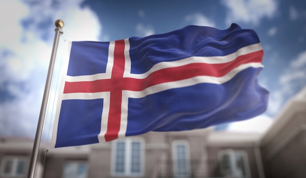 Bandera de Islandia Rendering 3D sobre fondo de construcción de cielo azul