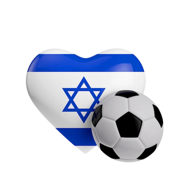 Bandera de Israel en forma de corazón con un balón de fútbol Love football 3D Rendering