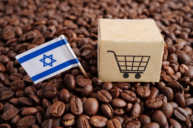 Bandera de Israel en granos de café comprando en línea para la exportación o importación de productos alimenticios