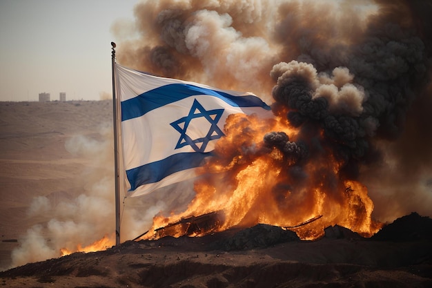 bandera de israel en medio de la guerra jerrusal con cenizas en el cielo