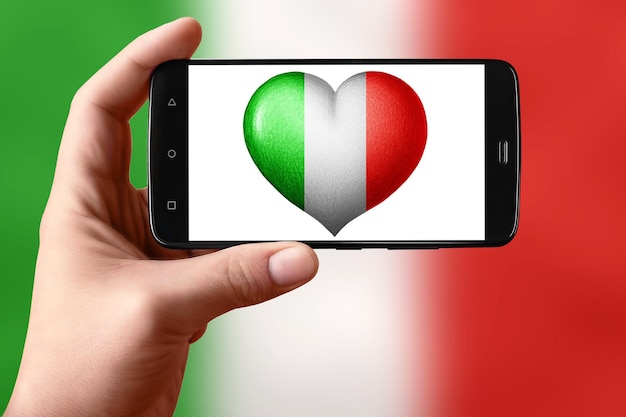 Bandera de Italia en forma de corazón en la pantalla del teléfono El teléfono inteligente en la mano muestra una bandera del corazón