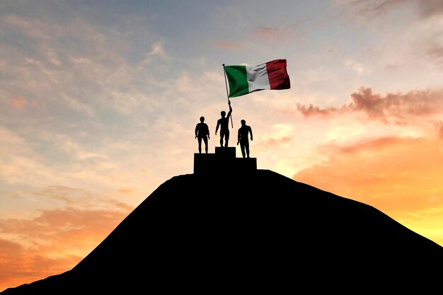 Bandera de Italia ondeada en la parte superior de un podio de ganadores d renderizado