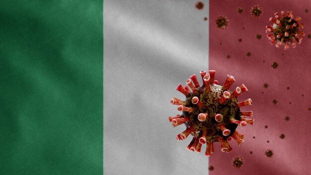 Bandera italiana ondeando con brote de coronavirus que infecta el sistema respiratorio como gripe peligrosa