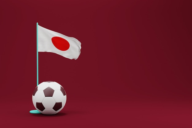 Bandera de Japón con balón Fútbol mundial 2022 Ilustración de renderizado 3D mínima