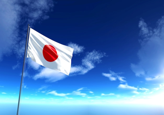 Bandera de Japón bajo el cielo azul, representación 3D