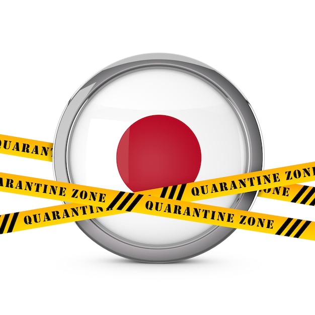 Bandera de Japón con cinta de seguridad de advertencia de cuarentena amarilla d render