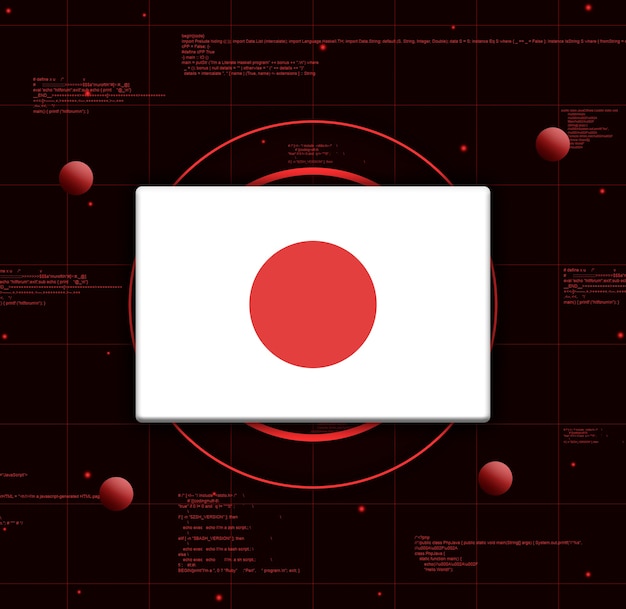 Bandera de Japón con elementos de tecnología realistas, render 3d