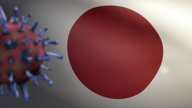 Bandera japonesa ondeando con el brote de coronavirus que infecta el sistema respiratorio como una gripe peligrosa. Virus Covid 19 de influenza tipo con pancarta nacional de Japón en el fondo. Concepto de riesgo pandémico