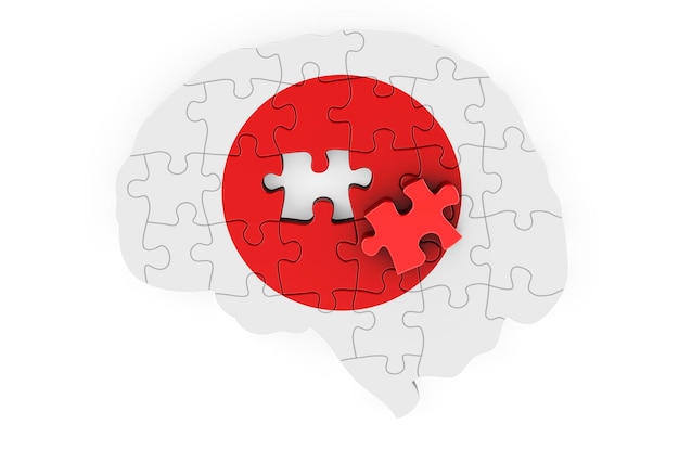 Bandera japonesa pintada en el cerebro a partir de rompecabezas Investigación científica y educación en el concepto de Japón Representación 3D