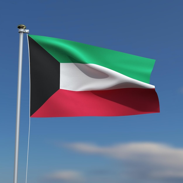 La bandera de Kuwait está ondeando frente a un cielo azul con nubes borrosas en el fondo