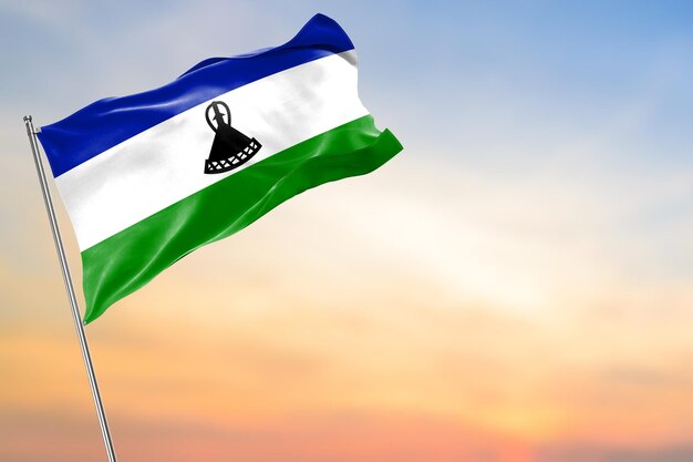 Bandera de Lesotho en renderización 3D realista de alta calidad con espacio lateral para el texto y el título de la bandera