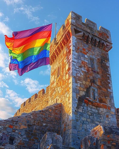 Foto una bandera lgbt volando desde la torreta en el fondo