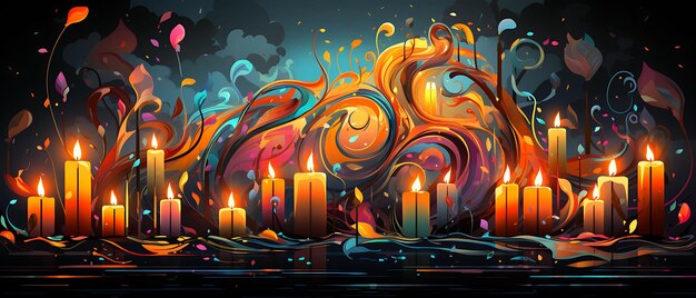 Foto bandera de llamas de velas entrelazadas con notas musicales e instrumentos candlesmas diseños planos 2d