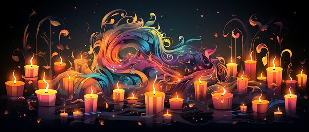 Foto bandera de llamas de velas entrelazadas con notas musicales e instrumentos candlesmas diseños planos 2d