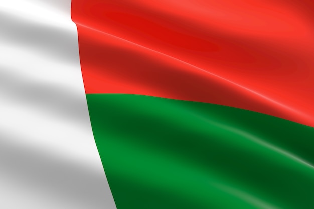 Bandera de Madagascar. Ilustración 3d de la bandera malgache ondeando