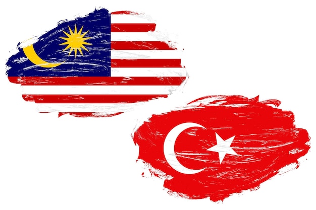 Bandera de Malasia y Turquía juntas sobre un fondo de pincel de trazo blanco