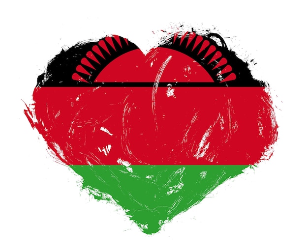 Foto bandera de malawi en forma de corazón de pincel de trazo sobre fondo blanco