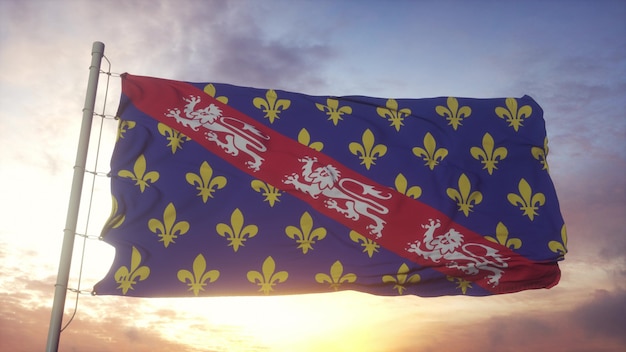 Bandera de Marche, Francia, ondeando en el fondo del viento, el cielo y el sol. Representación 3d