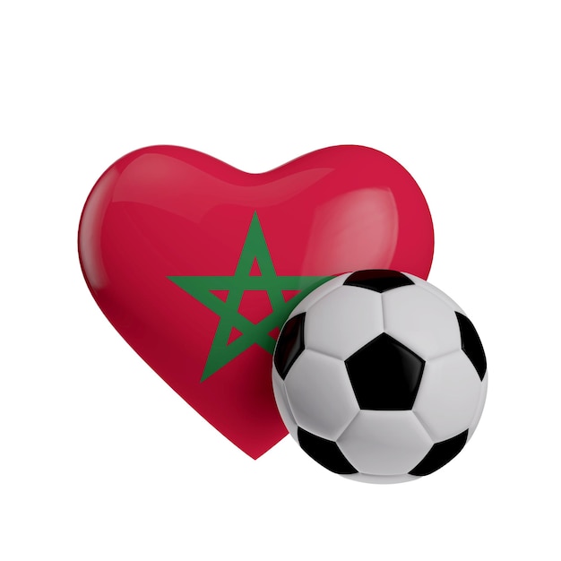 Bandera de Marruecos en forma de corazón con un balón de fútbol Love football 3D Rendering