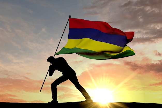 Bandera de Mauricio empujada al suelo por una silueta masculina 3D Rendering