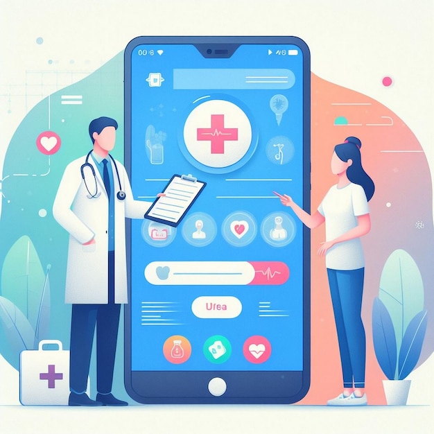 Bandera médica del Día Mundial de la Salud Interacción entre el médico y el paciente en la aplicación móvil