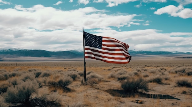 Una bandera en medio de un desierto con montañas al fondo