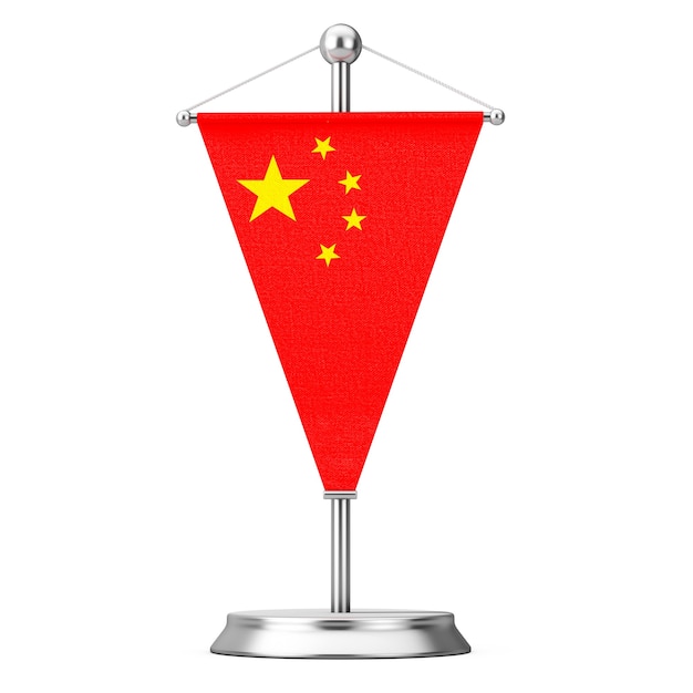 Bandera de mesa de China de tela sobre pedestal de aguja de acero sobre un fondo blanco. Representación 3D