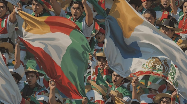 La bandera mexicana ondeando en el viento con una multitud de personas aplaudiendo en primer plano