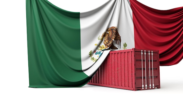 Bandera de méxico envuelta en un contenedor de envío de comercio comercial d renderizado