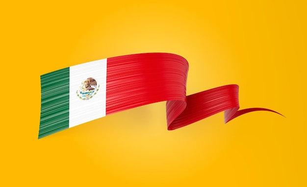 Bandera de México ondulada y brillante Bandera mexicana aislada sobre un fondo amarillo Ilustración en 3D