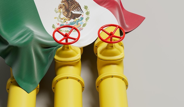 Bandera de México que cubre una línea de tubería de combustible de petróleo y gas Concepto de la industria petrolera Representación 3D