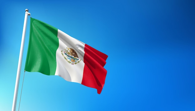 Bandera de México volando sobre fondo de cielo azul 3D Render