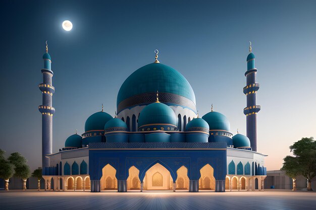 Bandera de la Mezquita Islámica Masjid Luna nocturna Ramadán Eid Mubarak Saludos Ramzaan IA generativa