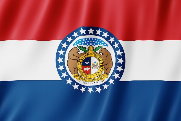 Bandera de Missouri, estado de los EEUU. Ilustración 3D del agitar de la bandera de Missouri.