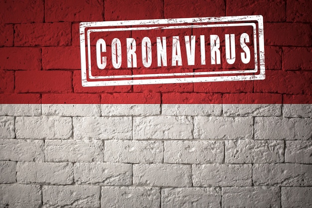 Bandera del Mónaco con proporciones originales. estampado de Coronavirus. textura de la pared de ladrillo. Concepto de virus corona. Al borde de una pandemia COVID-19 o 2019-nCoV.