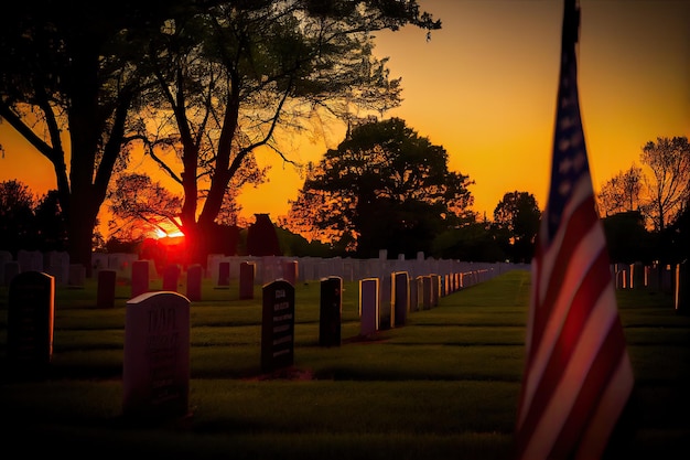 Una bandera se muestra en un cementerio al atardecer.