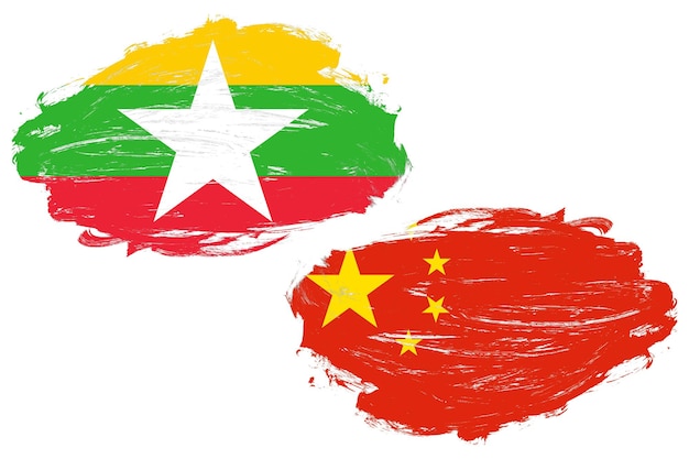 Bandera de Myanmar y china juntas sobre un fondo de pincel de trazo blanco